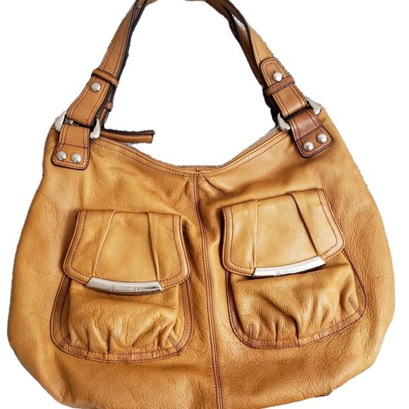 B Makowski Golden Camel Soft Leather Large Satchel Hobo Shoulder Handbag Purse - Picture 1 of 12